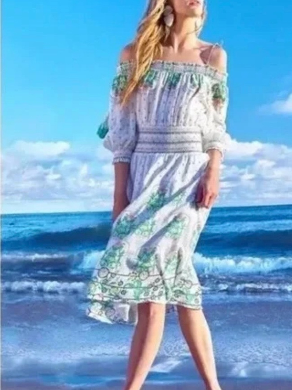 ALICE + OLIVIA Off-Shoulder Smocked Dress with Green Floral Print (Small petite)